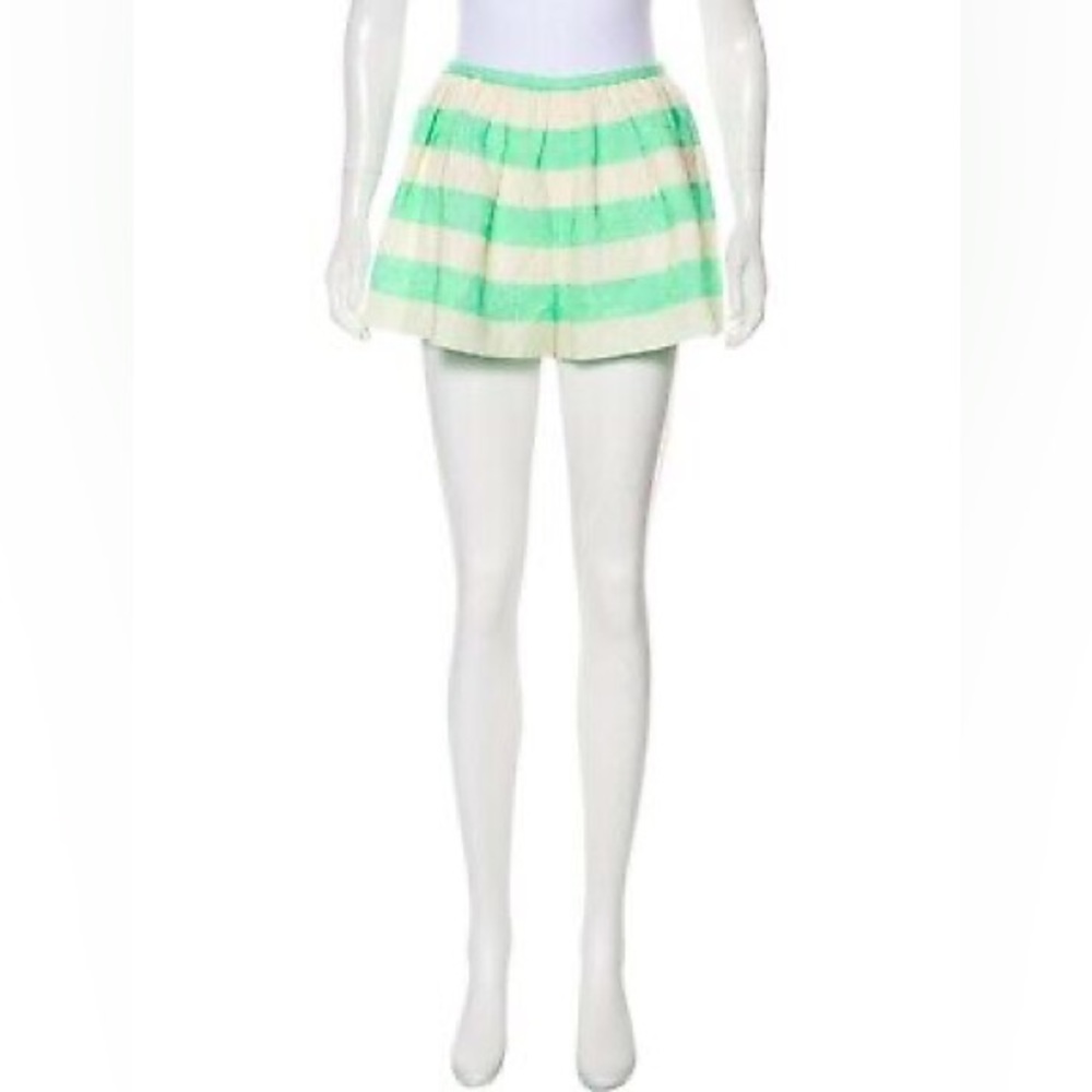 Thakoon Green/Ivory Striped Floral Brocade Shorts, Size  0